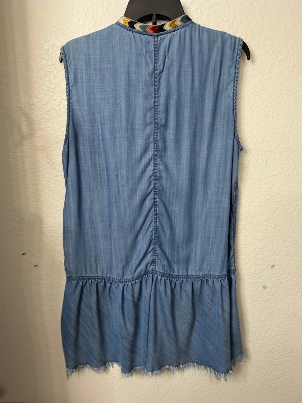Driftwood Shaye sleeveless chambray denim dress with tassels and embroidery LG